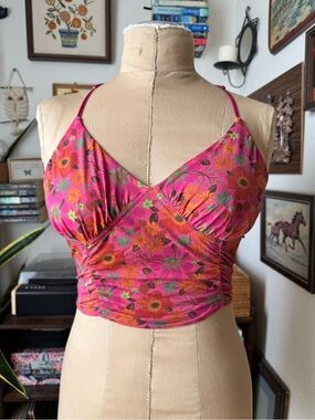 Natural Life Strappy Bralette Pink Floral V Neck Ruched Small Stretchy